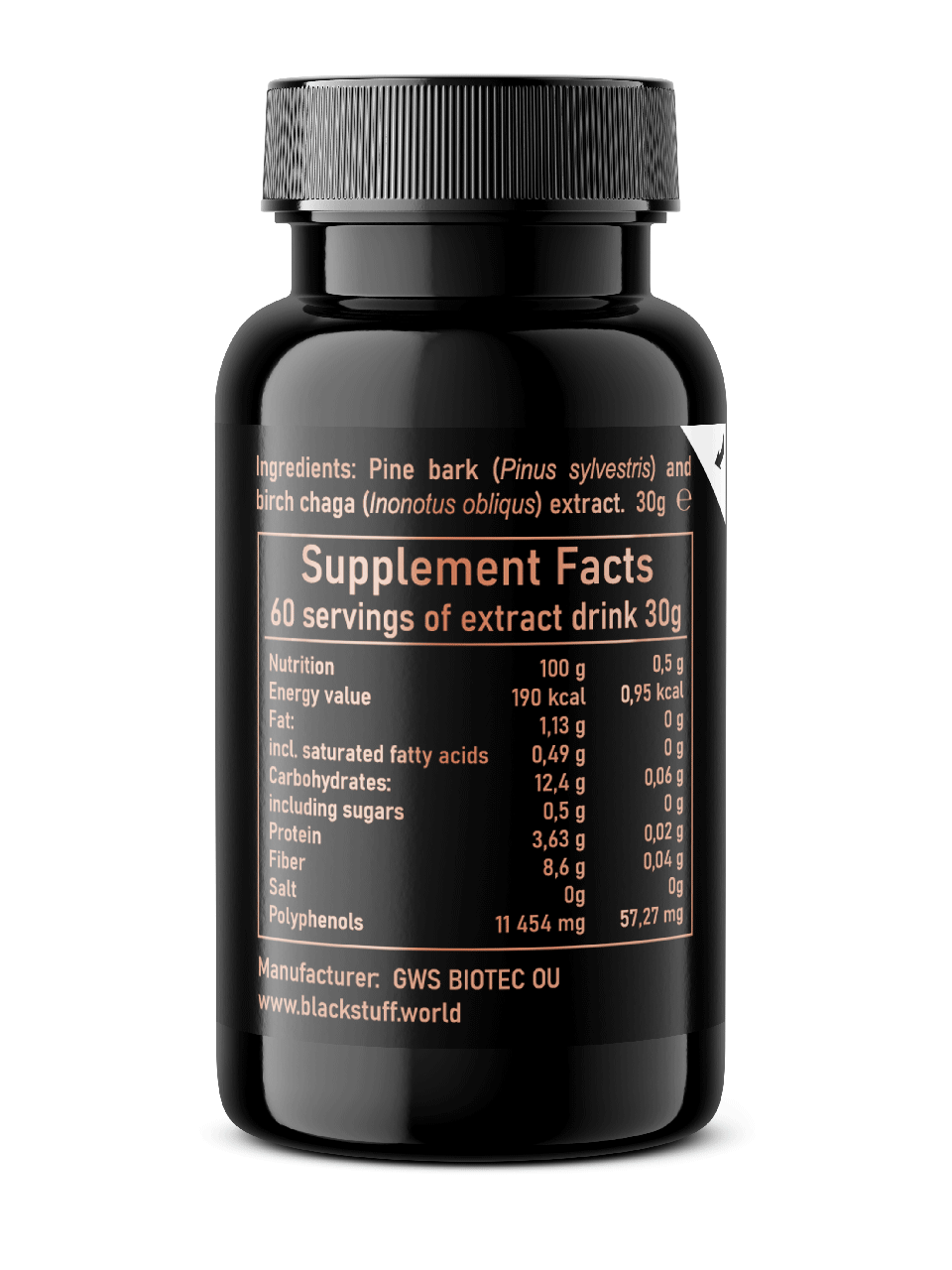Image of the Black Stuff 30 day supplement bottle, featuring a sleek black design with the Black Stuff logo prominently displayed on the label.